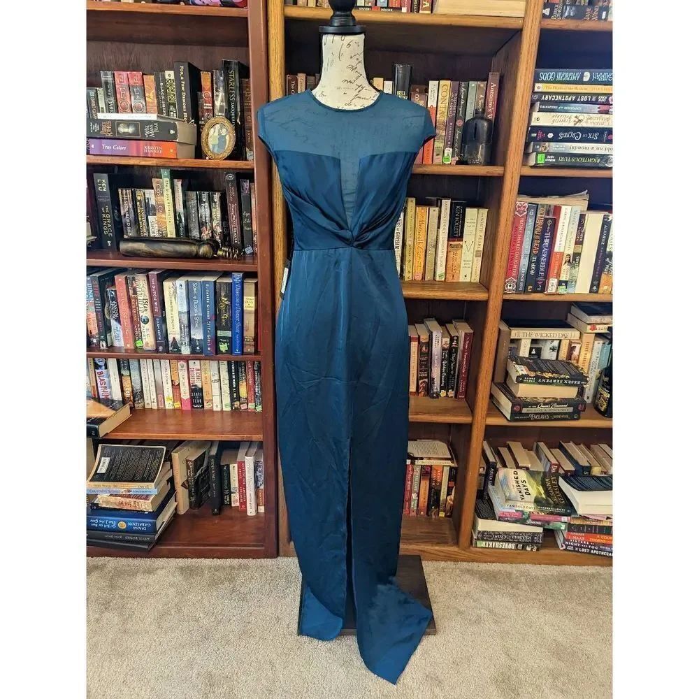 Marciano Sheena gown majolica blue illusion neck deep v satin evening maxi nwt